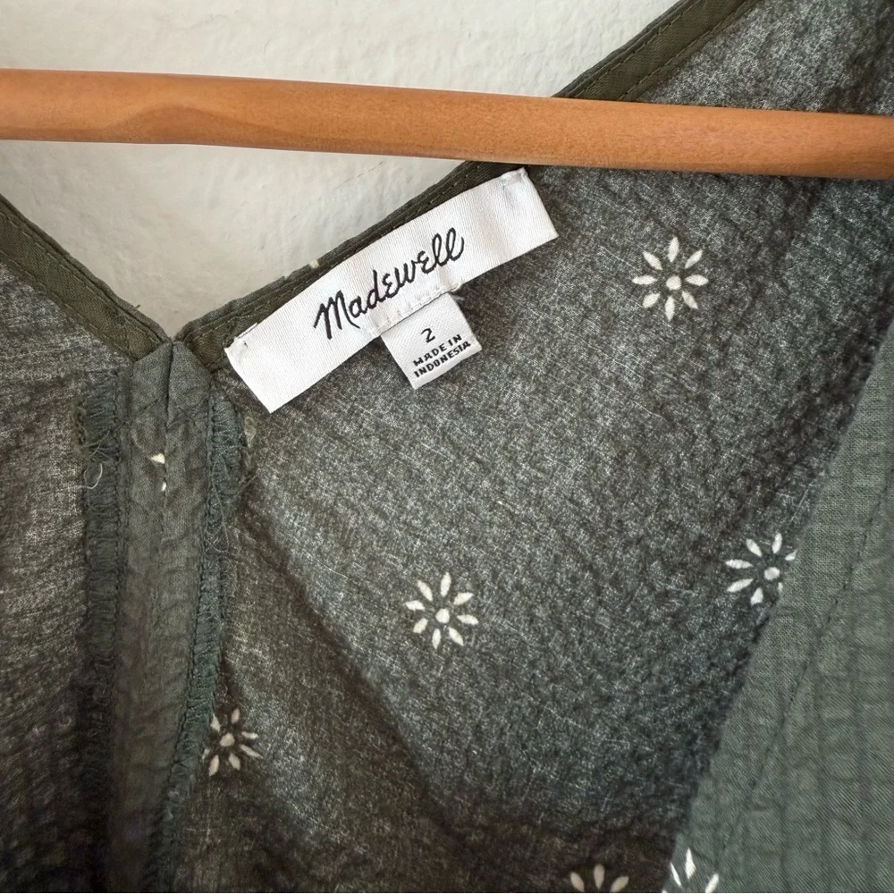 Madewell Forest Green Floral Voile Puff Sleeve Top Size 2